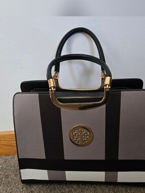 Black and Gray Structured Tote Handbag with Gold Accent
